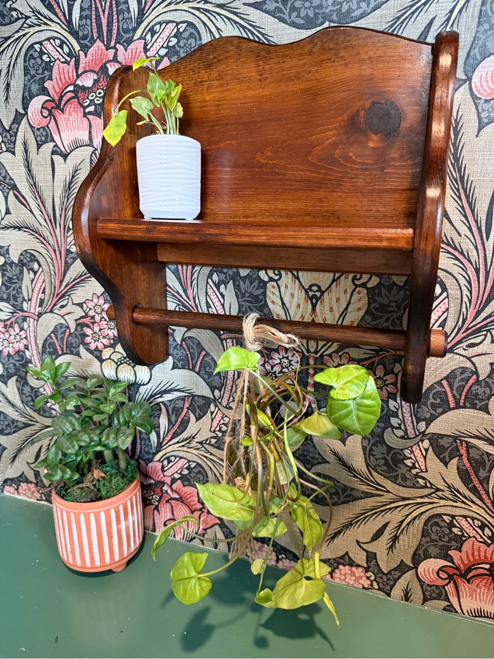 Vintage shelf and towel rack used as propagation station or with hand made towel